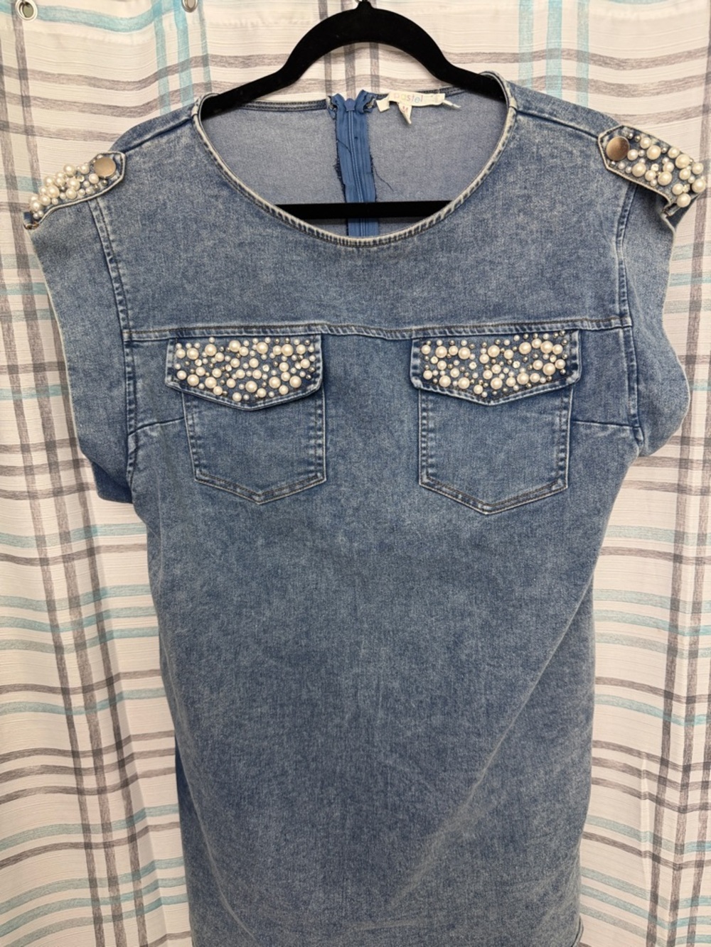 Pastels Blue Pearl-Embellished Denim Shift Dress - Picture 3 of 4